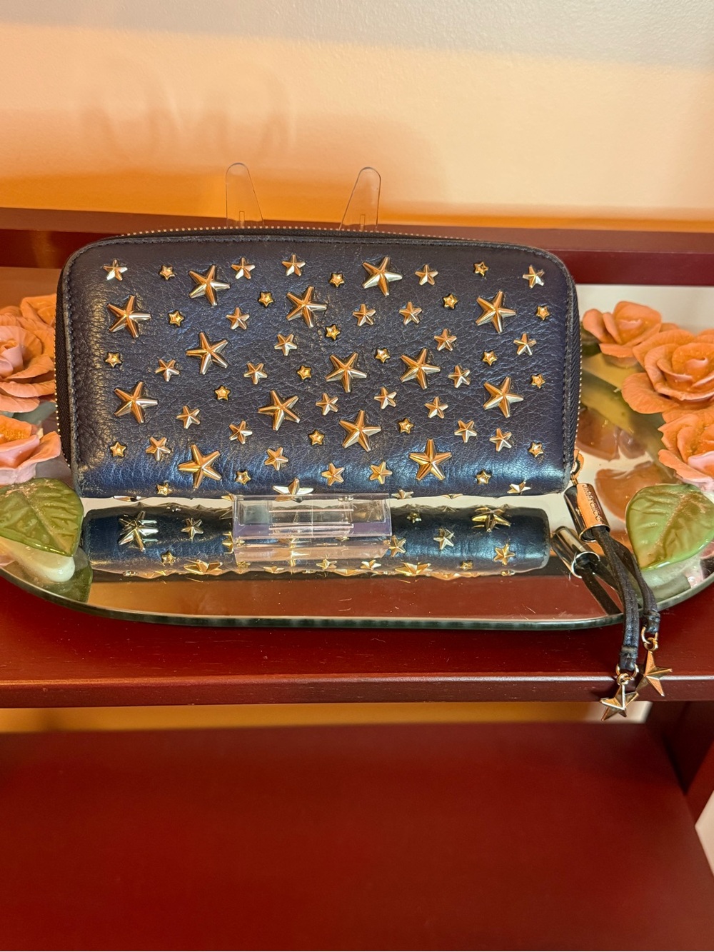 Jimmy Choo Star-Studded Black Zip Wallet with Gold Accents